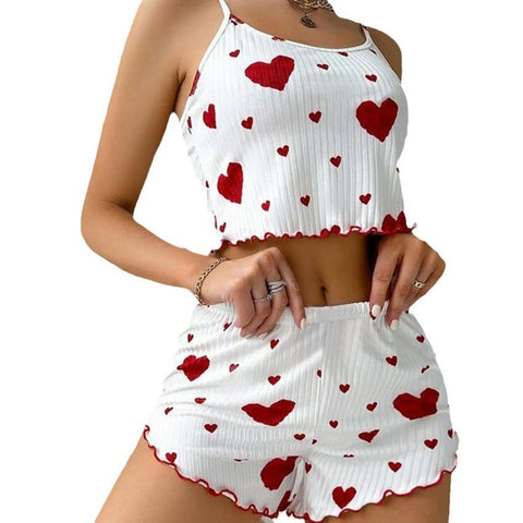 Women'S Pajamas Set Sleepwear 2 PCS Short Tank Tops and Shorts S M L White Ventilate Soft Casual Love Printing